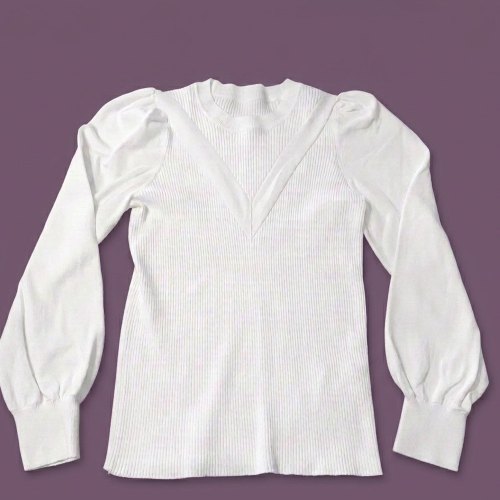 Elegant b.young White Ribbed Sweater | Blouson Sleeves | Size SMALL